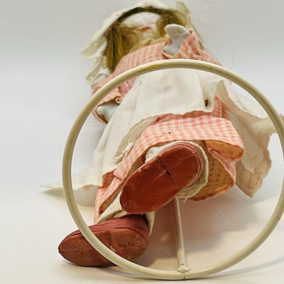 Vintage 9" Porcelain Doll Bendable Limbs Checkered Dress With Matching Bonnet - Picture 7 of 8
